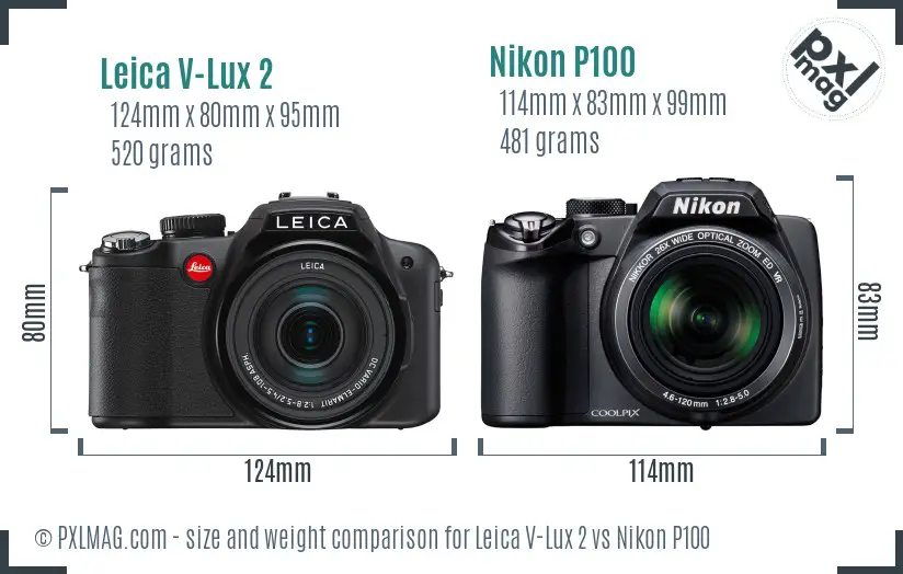 Leica V-Lux 2 vs Nikon P100 size comparison