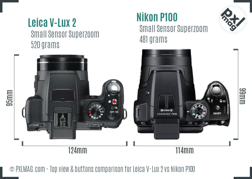 Leica V-Lux 2 vs Nikon P100 top view buttons comparison