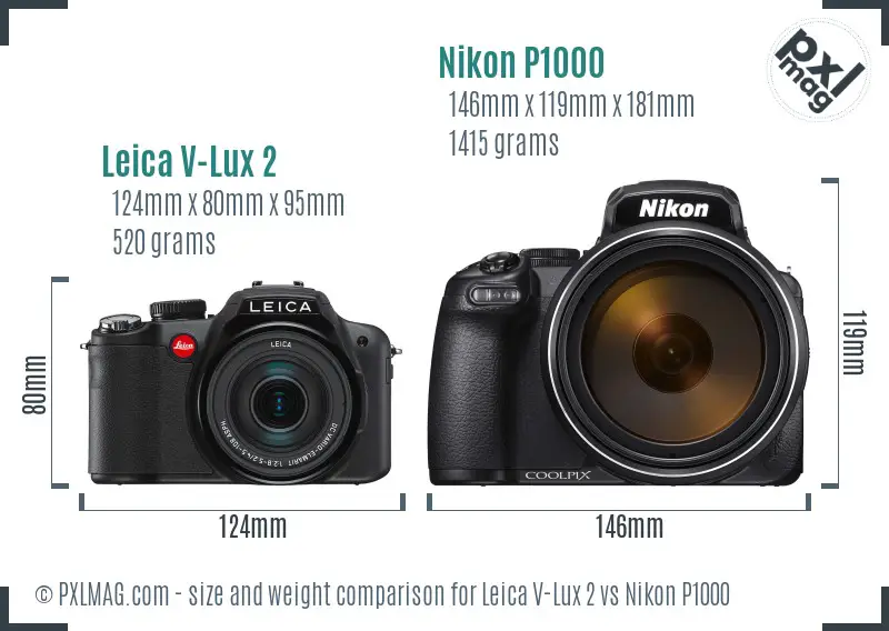 Leica V-Lux 2 vs Nikon P1000 size comparison