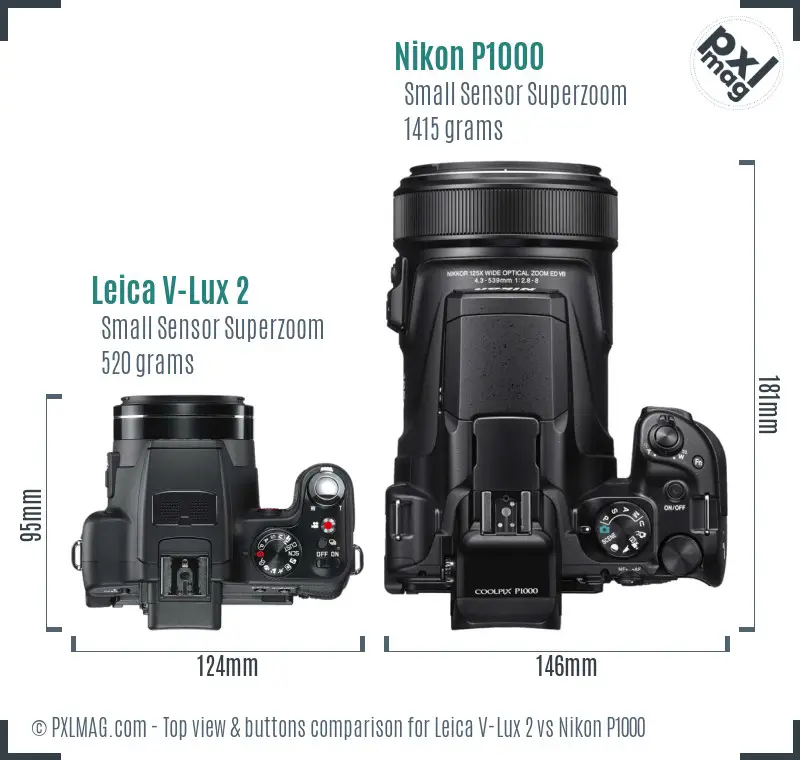Leica V-Lux 2 vs Nikon P1000 top view buttons comparison