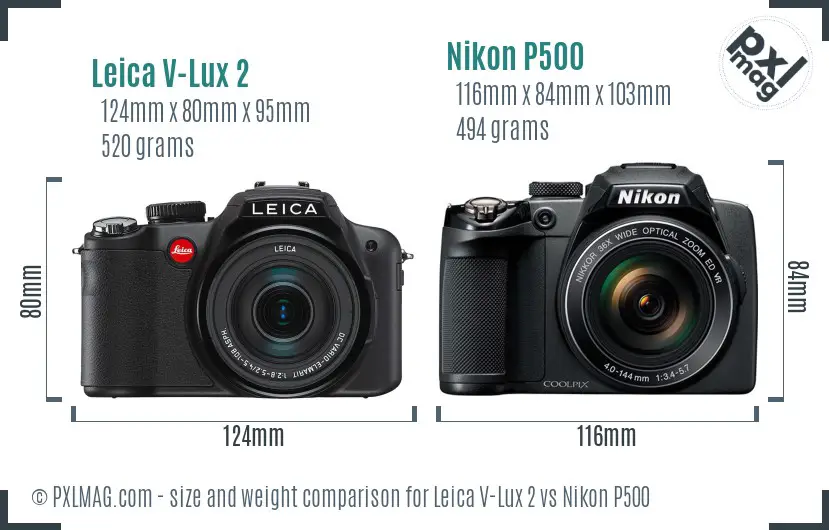 Leica V-Lux 2 vs Nikon P500 size comparison