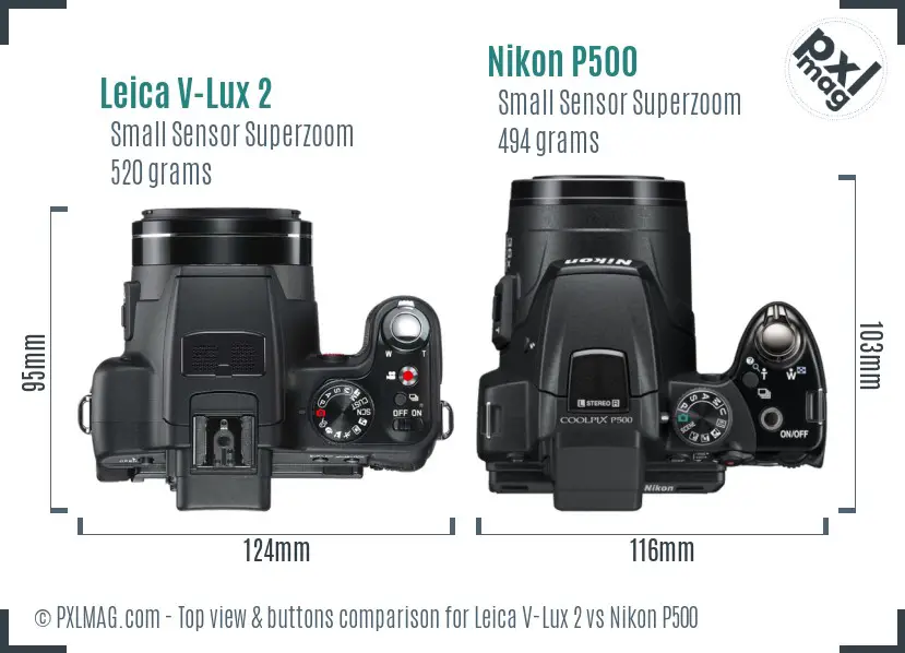 Leica V-Lux 2 vs Nikon P500 top view buttons comparison