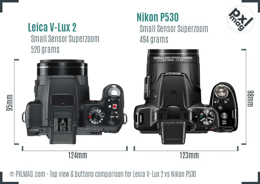 Leica V-Lux 2 vs Nikon P530 top view buttons comparison