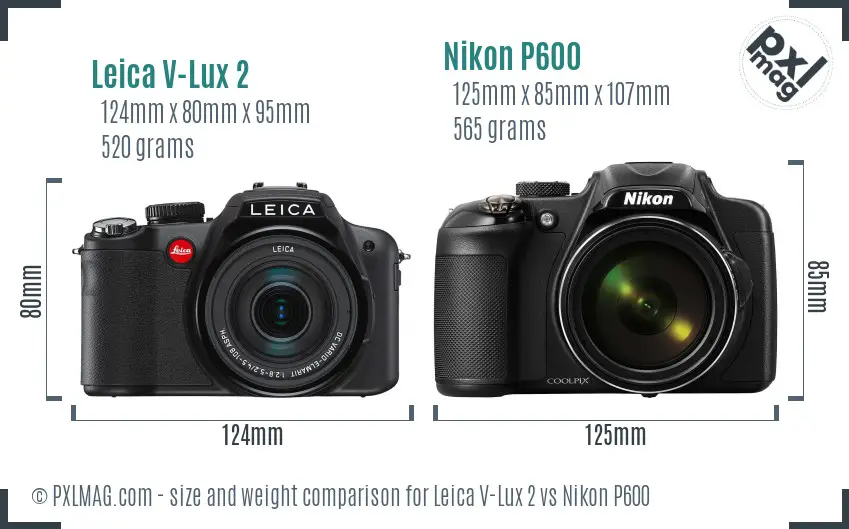 Leica V-Lux 2 vs Nikon P600 size comparison