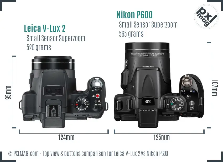 Leica V-Lux 2 vs Nikon P600 top view buttons comparison