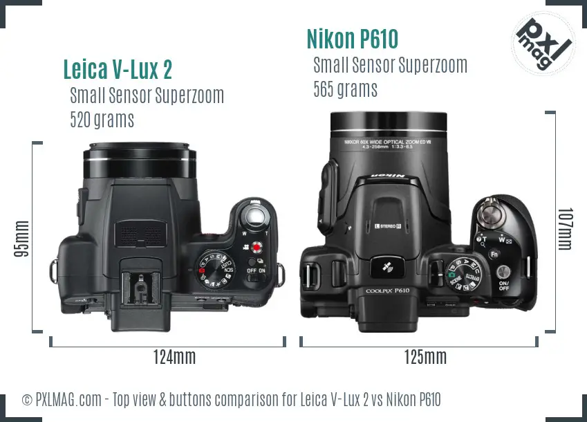 Leica V-Lux 2 vs Nikon P610 top view buttons comparison