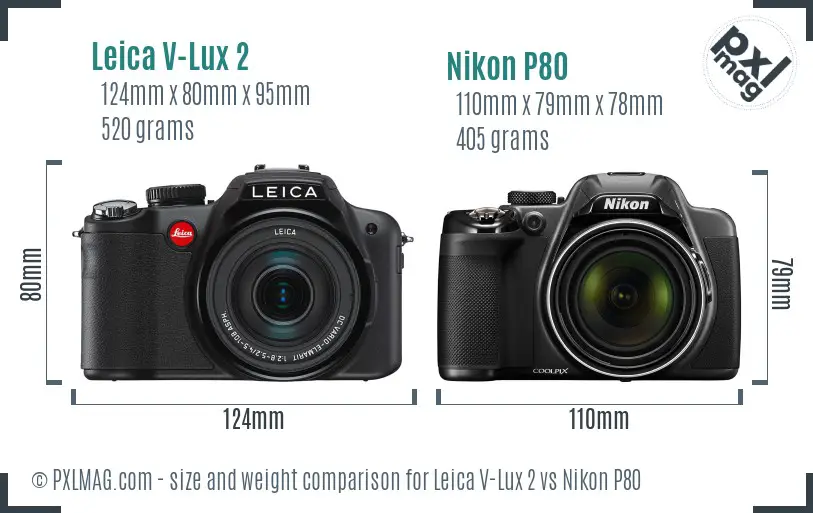 Leica V-Lux 2 vs Nikon P80 size comparison