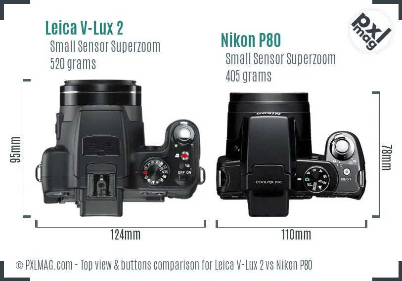 Leica V-Lux 2 vs Nikon P80 top view buttons comparison