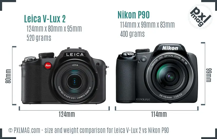Leica V-Lux 2 vs Nikon P90 size comparison Leica V-Lux 2 vs Nikon P90 size comparison