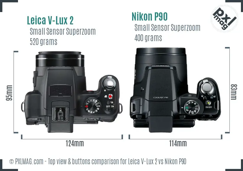 Leica V-Lux 2 vs Nikon P90 top view buttons comparison Leica V-Lux 2 vs Nikon P90 top view buttons comparison
