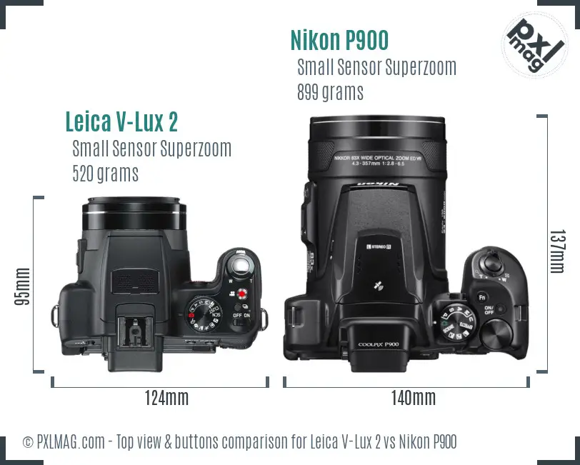 Leica V-Lux 2 vs Nikon P900 top view buttons comparison