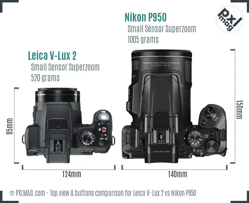 Leica V-Lux 2 vs Nikon P950 top view buttons comparison