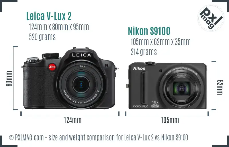 Leica V-Lux 2 vs Nikon S9100 size comparison Leica V-Lux 2 vs Nikon S9100 size comparison