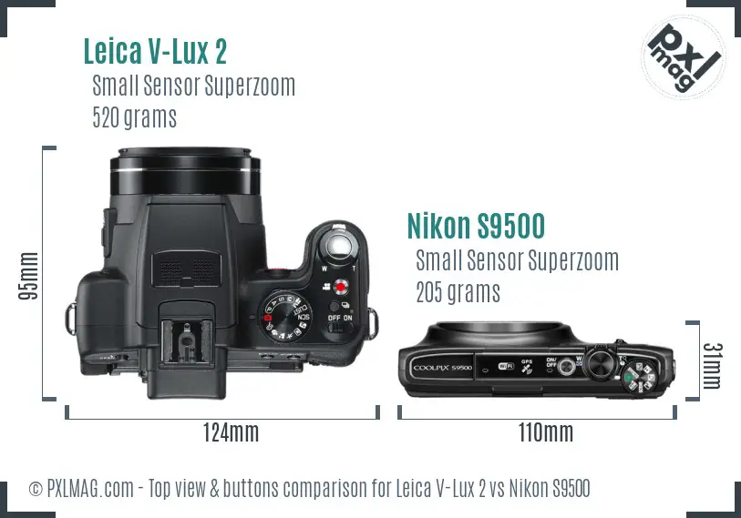 Leica V-Lux 2 vs Nikon S9500 top view buttons comparison Leica V-Lux 2 vs Nikon S9500 top view buttons comparison