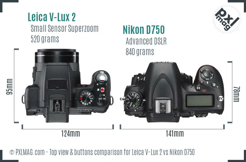 Leica V-Lux 2 vs Nikon D750 top view buttons comparison