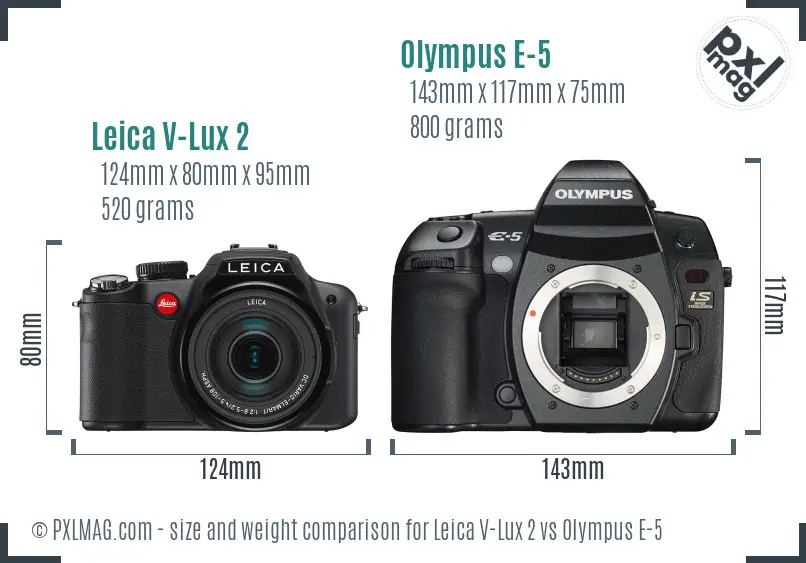 Leica V-Lux 2 vs Olympus E-5 size comparison