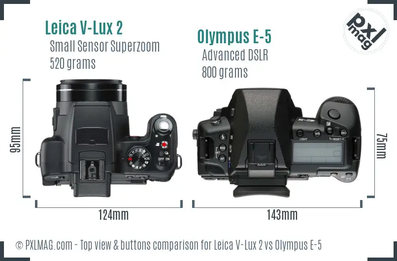 Leica V-Lux 2 vs Olympus E-5 top view buttons comparison