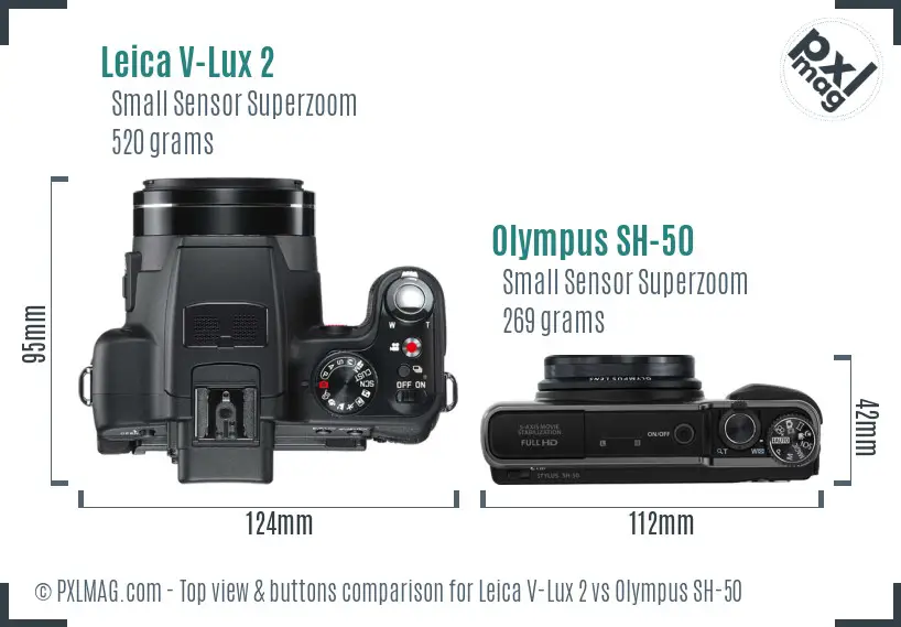 Leica V-Lux 2 vs Olympus SH-50 top view buttons comparison