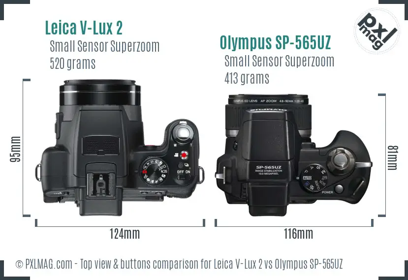 Leica V-Lux 2 vs Olympus SP-565UZ top view buttons comparison