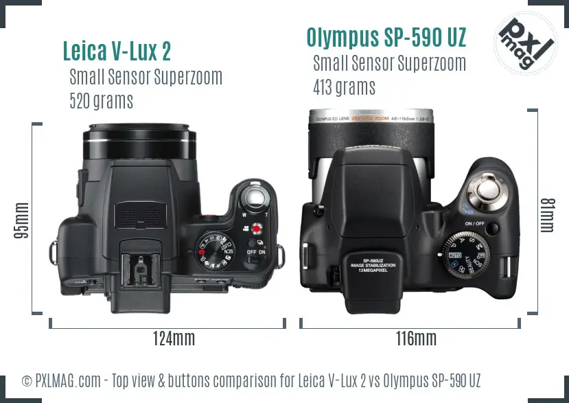 Leica V-Lux 2 vs Olympus SP-590 UZ top view buttons comparison