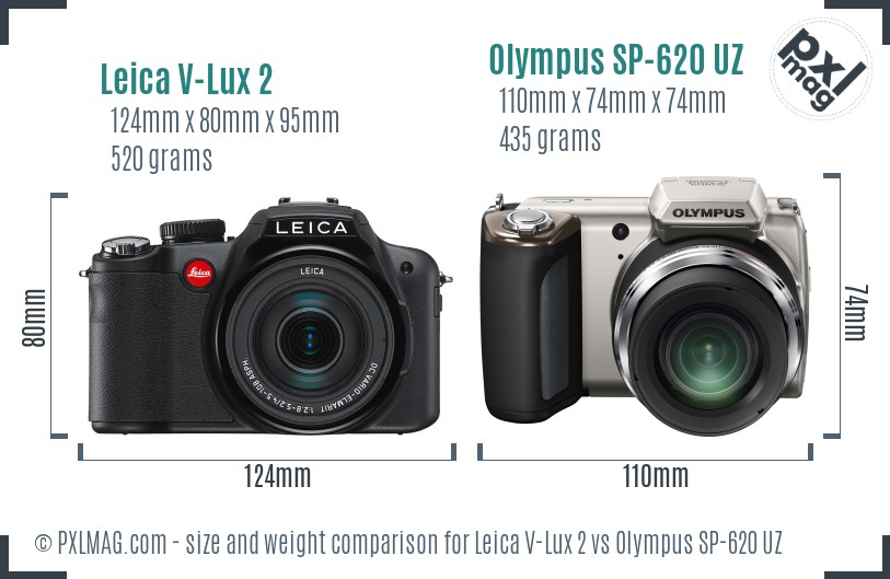 Leica V-Lux 2 vs Olympus SP-620 UZ size comparison