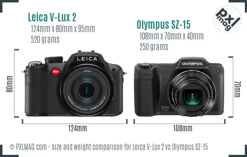Leica V-Lux 2 vs Olympus SZ-15 size comparison Leica V-Lux 2 vs Olympus SZ-15 size comparison