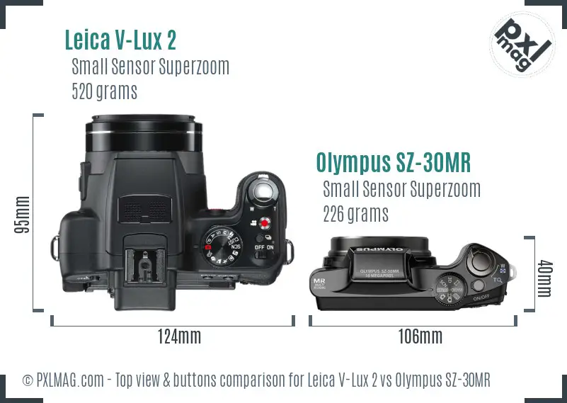 Leica V-Lux 2 vs Olympus SZ-30MR top view buttons comparison