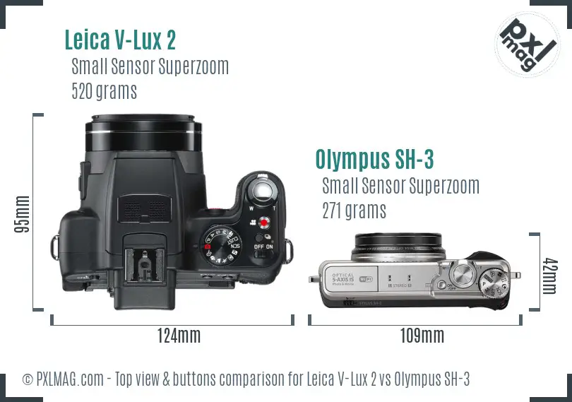 Leica V-Lux 2 vs Olympus SH-3 top view buttons comparison Leica V-Lux 2 vs Olympus SH-3 top view buttons comparison