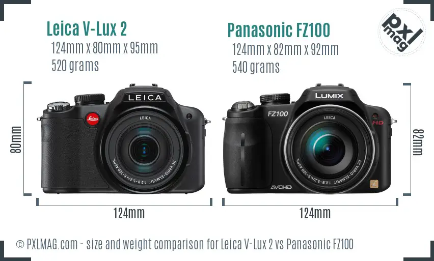 Leica V-Lux 2 vs Panasonic FZ100 size comparison Leica V-Lux 2 vs Panasonic FZ100 size comparison