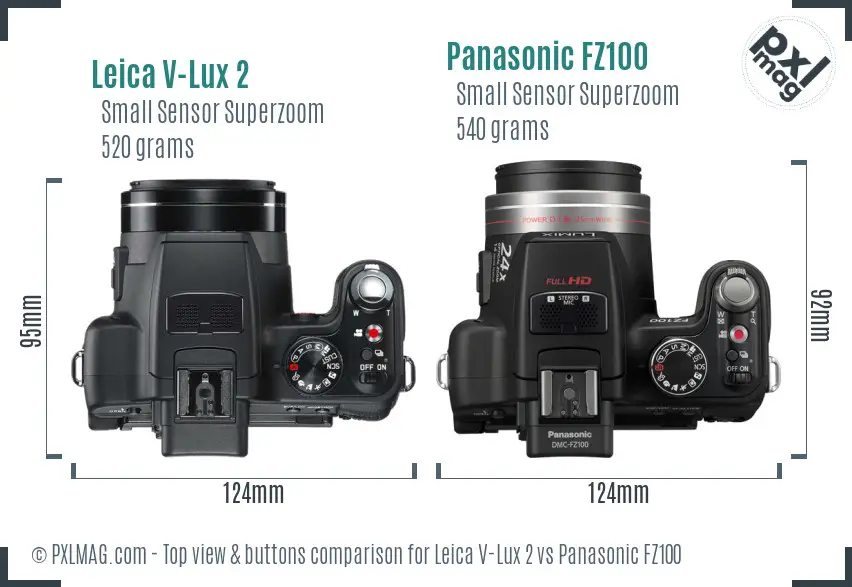 Leica V-Lux 2 vs Panasonic FZ100 top view buttons comparison Leica V-Lux 2 vs Panasonic FZ100 top view buttons comparison
