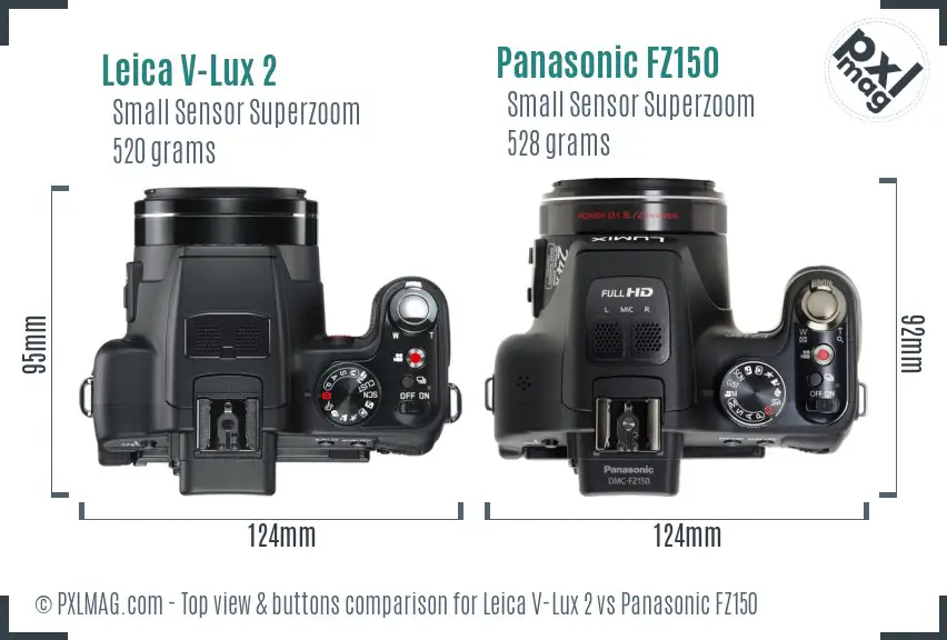 Leica V-Lux 2 vs Panasonic FZ150 top view buttons comparison Leica V-Lux 2 vs Panasonic FZ150 top view buttons comparison