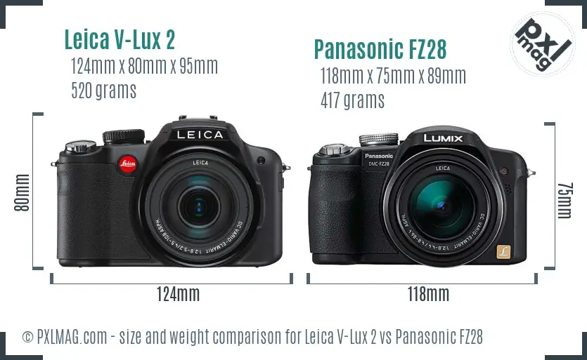 Leica V-Lux 2 vs Panasonic FZ28 size comparison