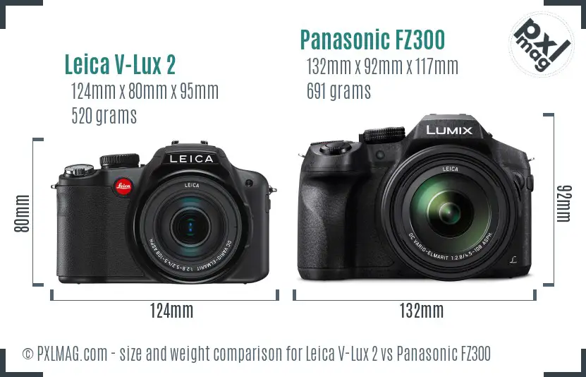 Leica V-Lux 2 vs Panasonic FZ300 size comparison