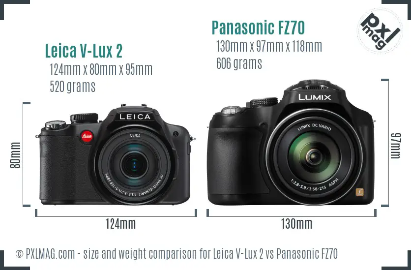 Leica V-Lux 2 vs Panasonic FZ70 size comparison