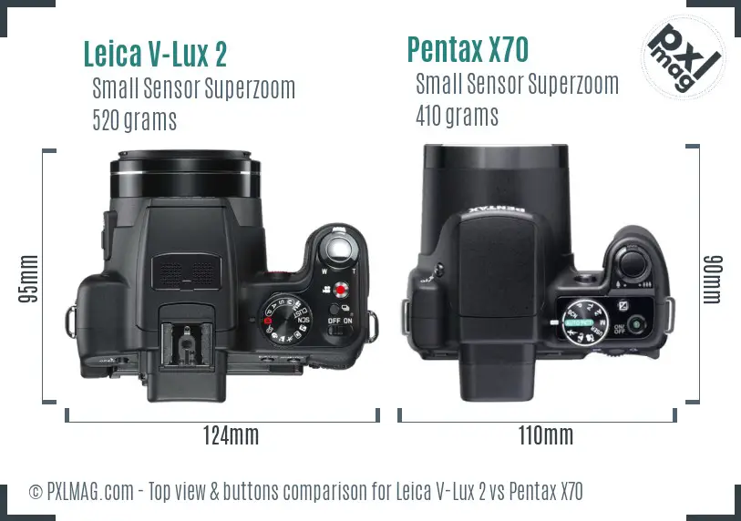 Leica V-Lux 2 vs Pentax X70 top view buttons comparison