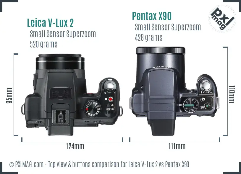 Leica V-Lux 2 vs Pentax X90 top view buttons comparison