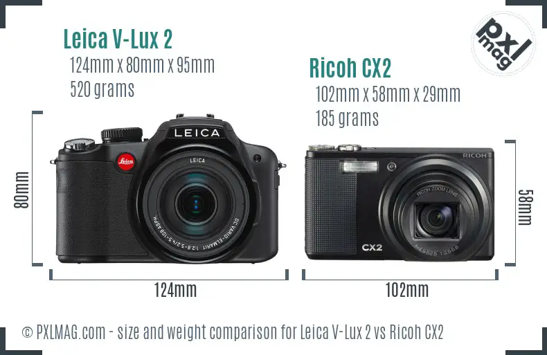 Leica V-Lux 2 vs Ricoh CX2 size comparison