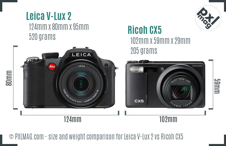 Leica V-Lux 2 vs Ricoh CX5 size comparison Leica V-Lux 2 vs Ricoh CX5 size comparison