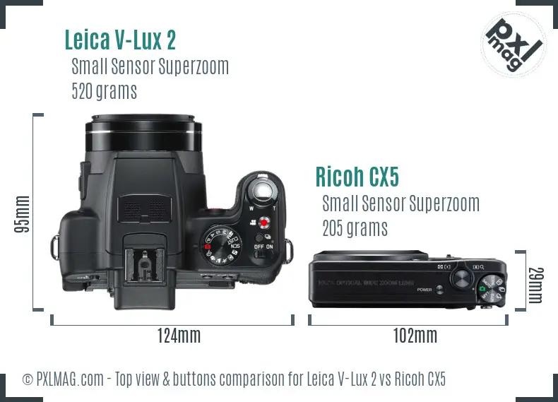 Leica V-Lux 2 vs Ricoh CX5 top view buttons comparison Leica V-Lux 2 vs Ricoh CX5 top view buttons comparison
