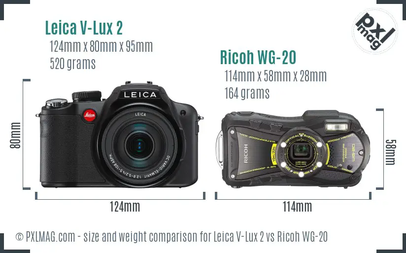 Leica V-Lux 2 vs Ricoh WG-20 size comparison