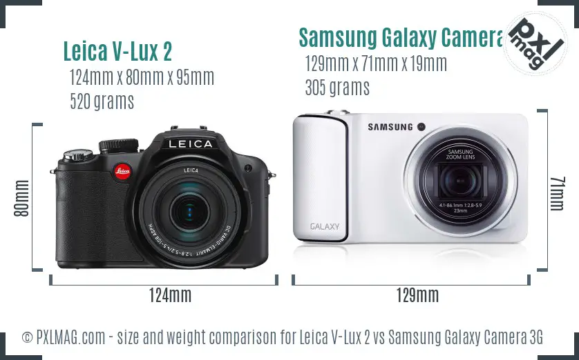 Leica V-Lux 2 vs Samsung Galaxy Camera 3G size comparison