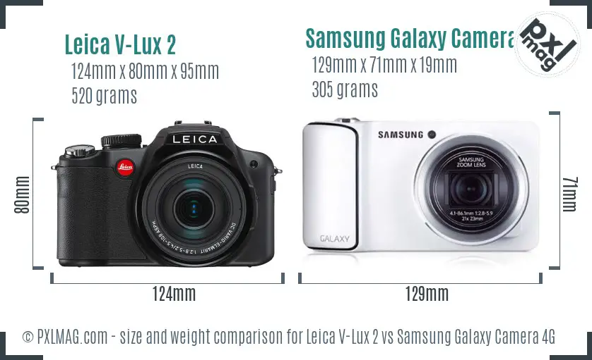 Leica V-Lux 2 vs Samsung Galaxy Camera 4G size comparison