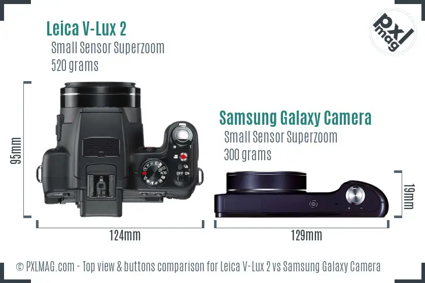 Leica V-Lux 2 vs Samsung Galaxy Camera top view buttons comparison Leica V-Lux 2 vs Samsung Galaxy Camera top view buttons comparison