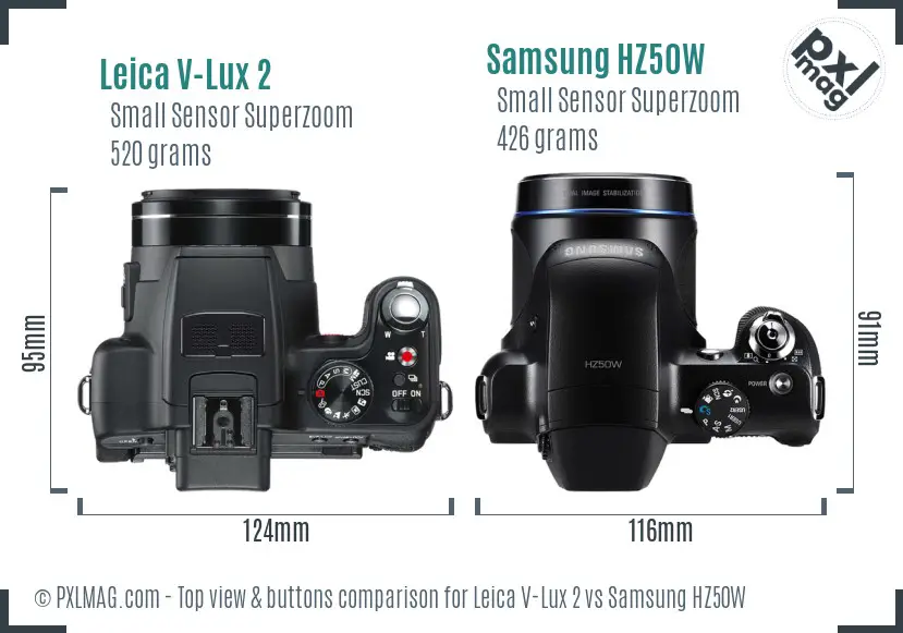 Leica V-Lux 2 vs Samsung HZ50W top view buttons comparison