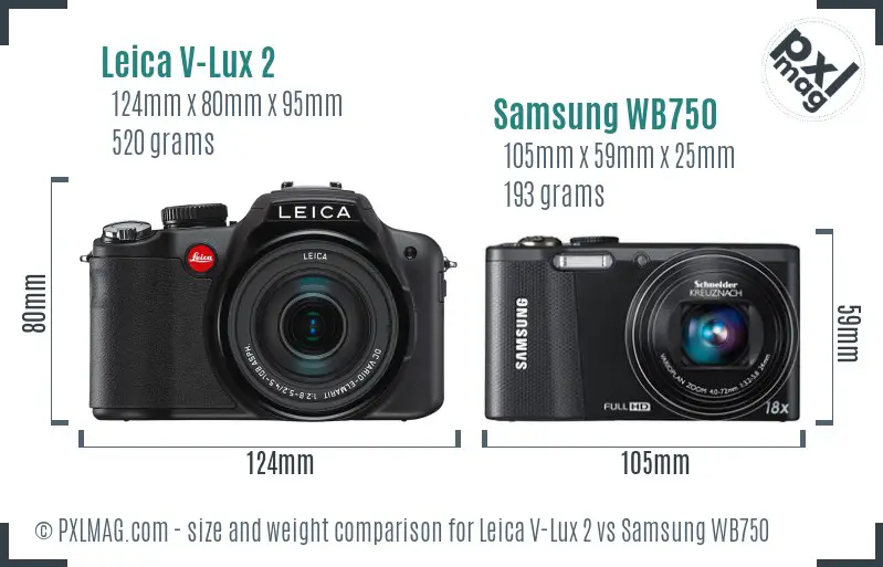 Leica V-Lux 2 vs Samsung WB750 size comparison