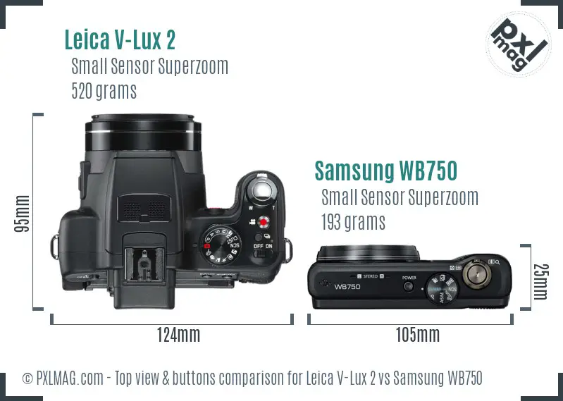 Leica V-Lux 2 vs Samsung WB750 top view buttons comparison