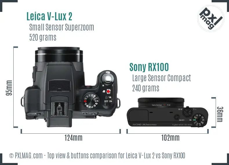 Leica V-Lux 2 vs Sony RX100 top view buttons comparison
