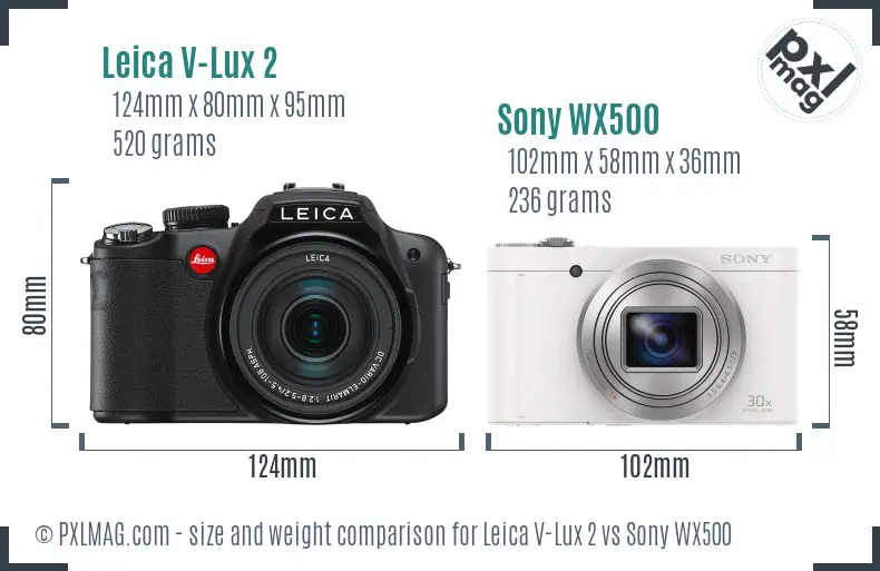 Leica V-Lux 2 vs Sony WX500 size comparison