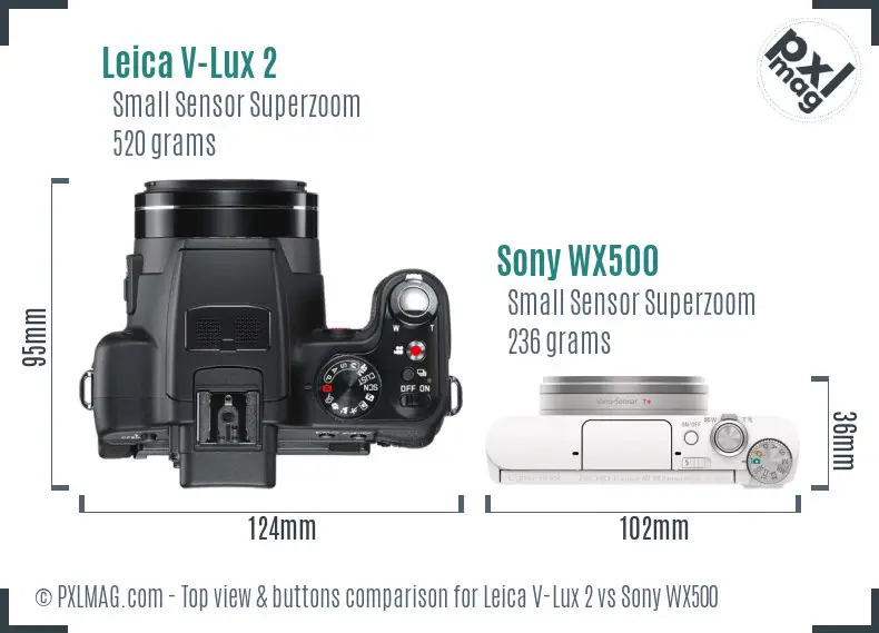 Leica V-Lux 2 vs Sony WX500 top view buttons comparison