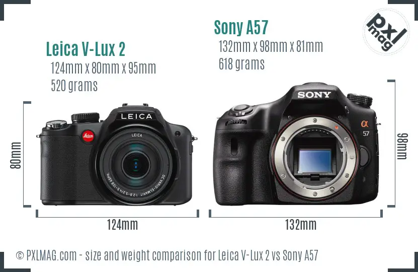 Leica V-Lux 2 vs Sony A57 size comparison